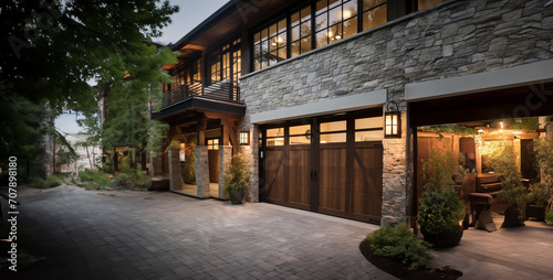 car garage modern natural stone wooden doors and wind, street in the old town