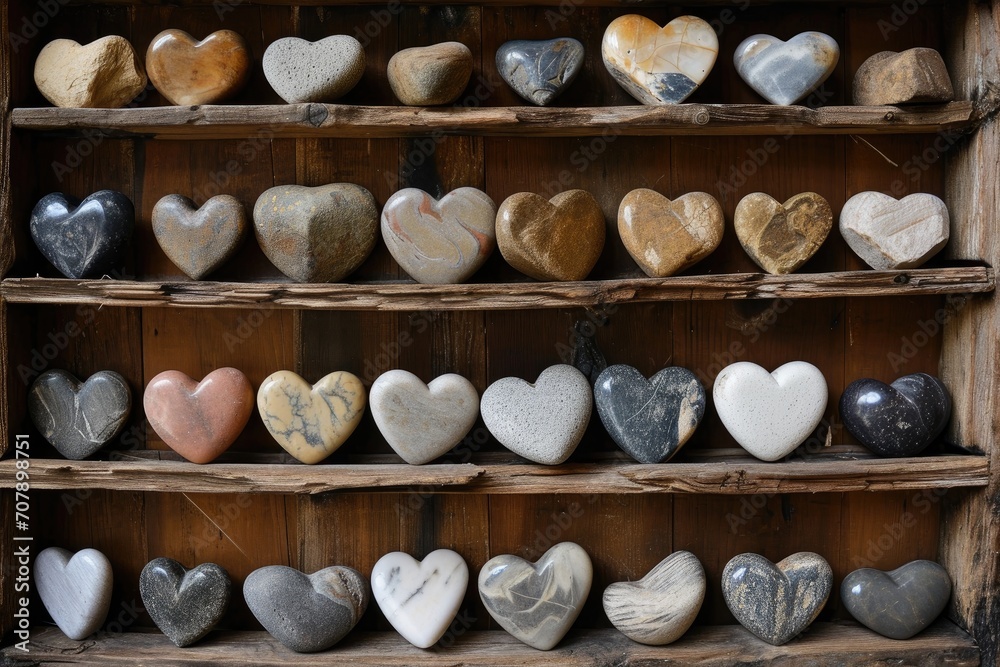 A collection of heart-shaped rocks, gathered from various beaches and rivers, neatly arrayed on a rustic wooden shelf