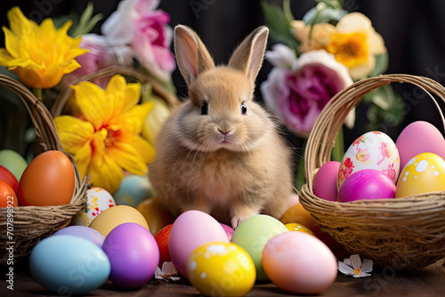 Cheerful Easter Bunny with Colorful Eggs