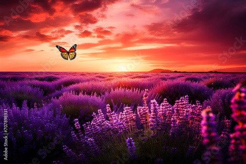 Beauty field of lavender and butterfly in summer sunset, generative ai