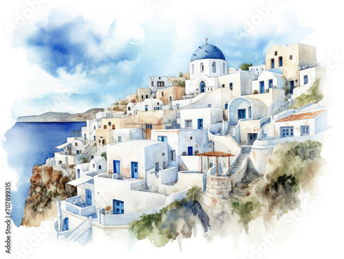 Sea town in Santorini island, Greece. Watercolor style illustration 