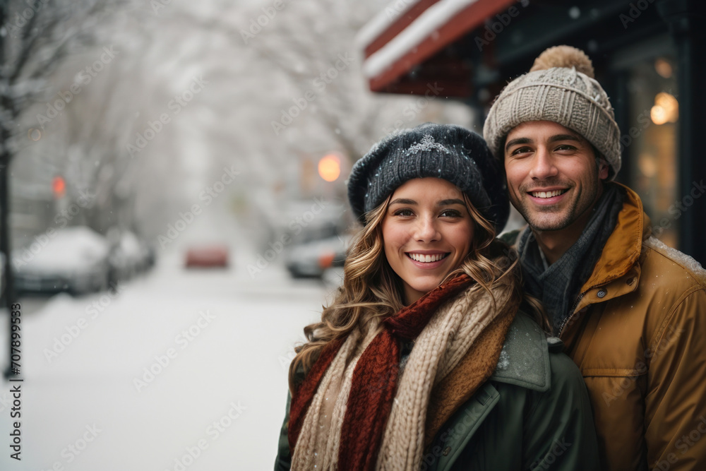Smiling couple in winter outdoor. AI generated.