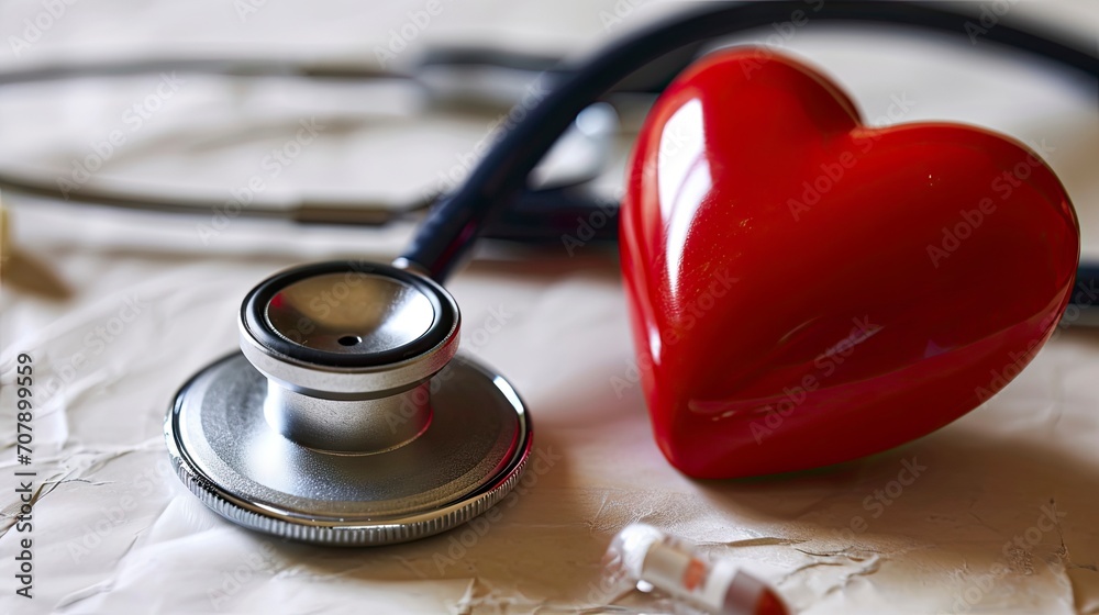 Medical Stethoscope Embracing a Glossy Red Heart on a White Background Signifying Health Care. Medical Stethoscope Embracing a Glossy Red Heart on a White Background Signifying Health Care.