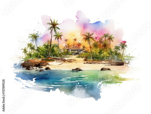 Tropical Hawaii island landscape in watercolor style. Travel postcard illustration 