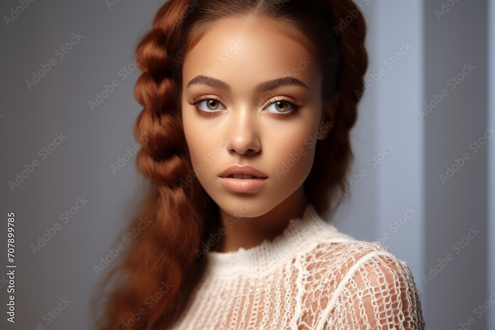 Portrait Beautiful Model woman an lacy pattern jumper Portrait Beautiful Model woman an lacy pattern jumper