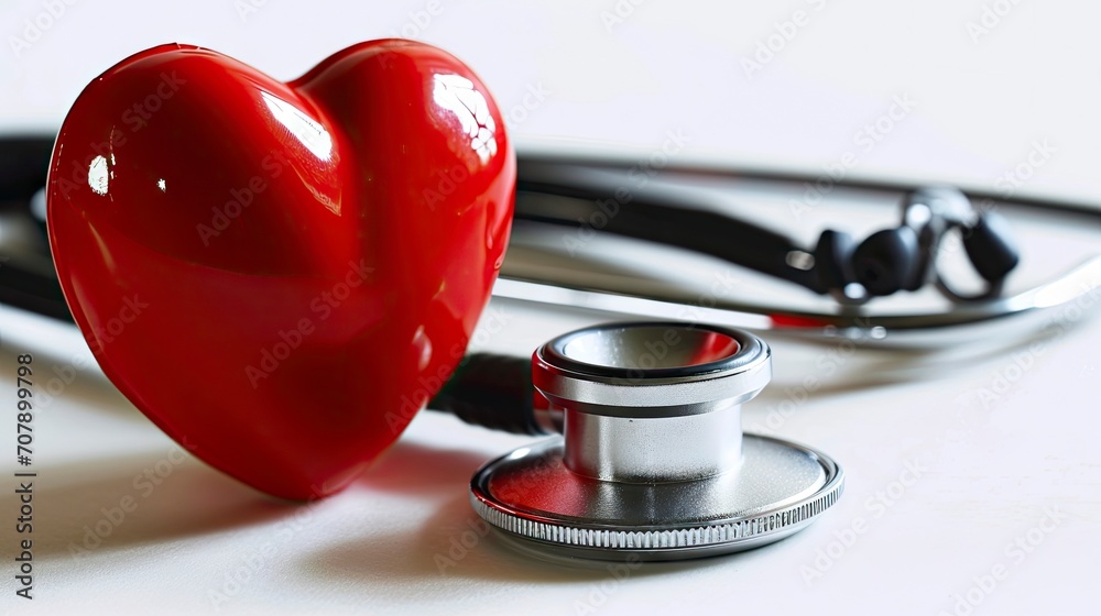 Medical Stethoscope Embracing a Glossy Red Heart on a White Background Signifying Health Care. Medical Stethoscope Embracing a Glossy Red Heart on a White Background Signifying Health Care.