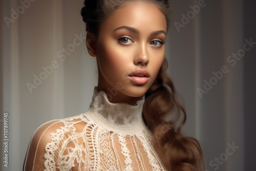 Portrait Beautiful Model in Lacy Pattern Jumper