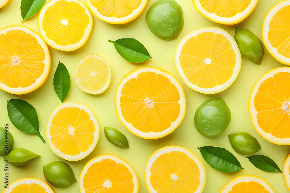 Fototapeta premium Multicolored background with colorful citrus fruits oranges, lemons and leaves, generative ai