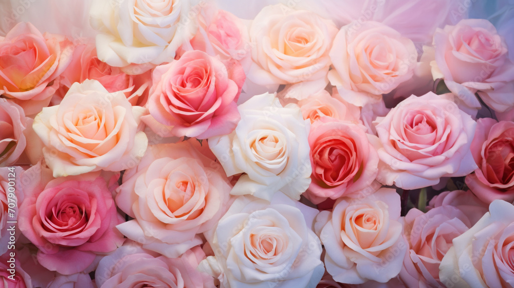 Beautiful roses in light colors. Selective Focus. Generative AI, Beautiful roses in light colors. Selective Focus. Generative AI,
