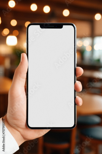 Male hand holds a smartphone with a white screen in a cafe .