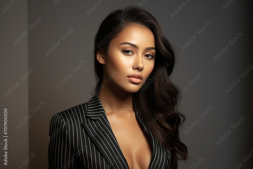 Portrait Beautiful Model woman an side stripe blazer Portrait Beautiful Model woman an side stripe blazer