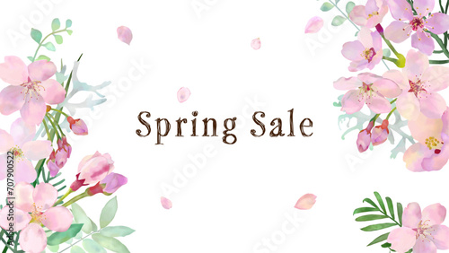 桜とグリーンの春のセールの背景フレームバナーテンプレート素材、16：9　手描き水彩のベクターイラスト