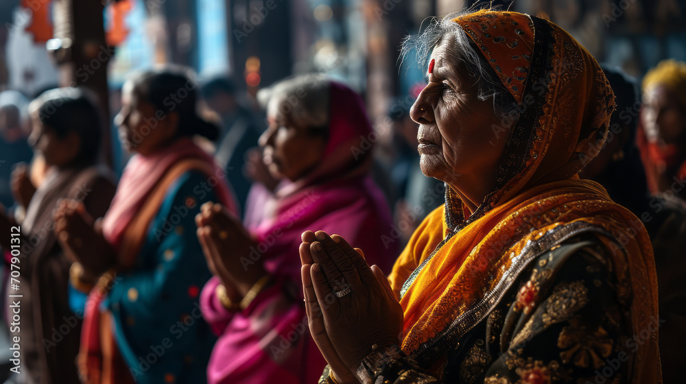 A group of women in Hinduism get up and pray at the temple. The sincerity and devotion during prayer rituals, portray the essence of spiritual connection