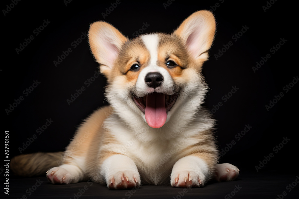 Close up portrait of a corgi dog looking at the camera on dark background Close up portrait of a corgi dog looking at the camera on dark background