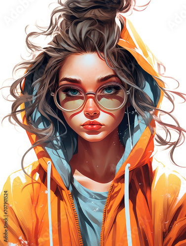 Portrait of a sporty and nerdy teenager girl with brown hair, a red hoodie and glasses.  photo