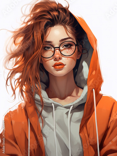 Nerdy and tomboish girl with brown hair wearing a red hoodie and glasses. Dorky character illustration  photo