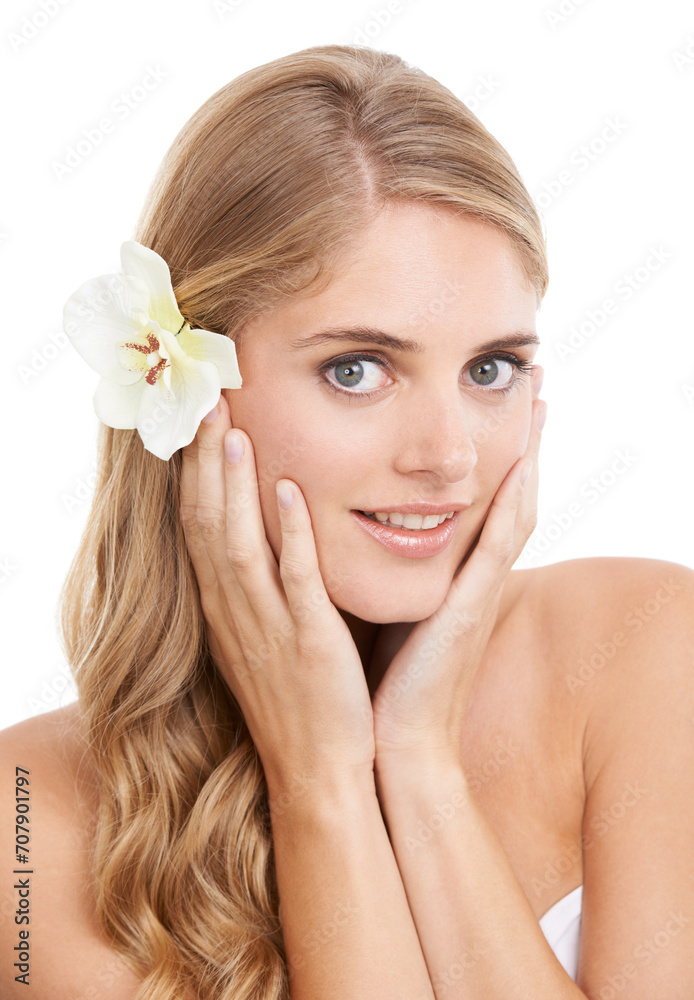Woman, portrait and beauty in studio with flower, confidence and pride for cosmetic treatment or glow. Model, person or face with smile for haircare organic skincare, or self care on white background Woman, portrait and beauty in studio with flower, confidence and pride for cosmetic treatment or glow. Model, person or face with smile for haircare organic skincare, or self care on white background