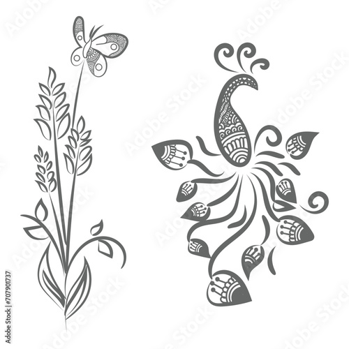 Free vectore art and hand drawing flower art black and white flat design outline illustration.