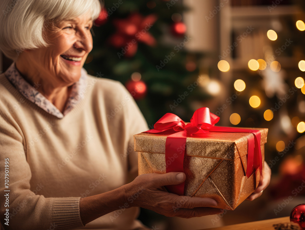 Old woman smiling and holding a wrapped Christmas gift Old woman smiling and holding a wrapped Christmas gift