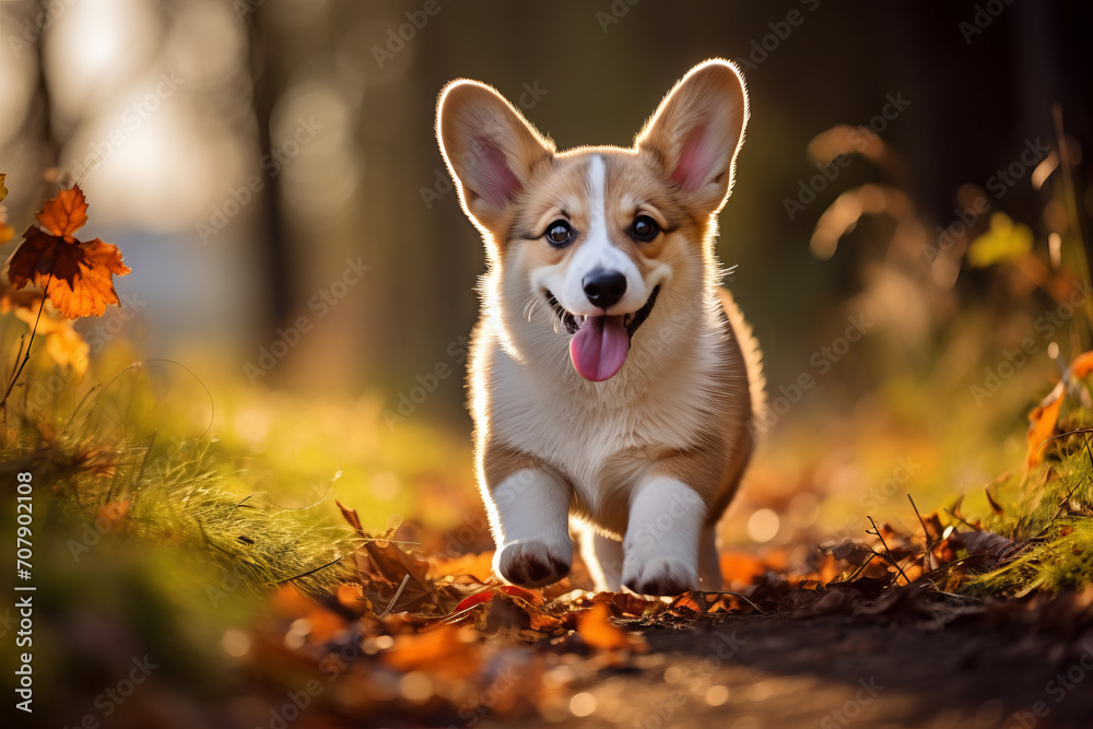Close up portrait of a corgi dog looking at the camera in an autumn park