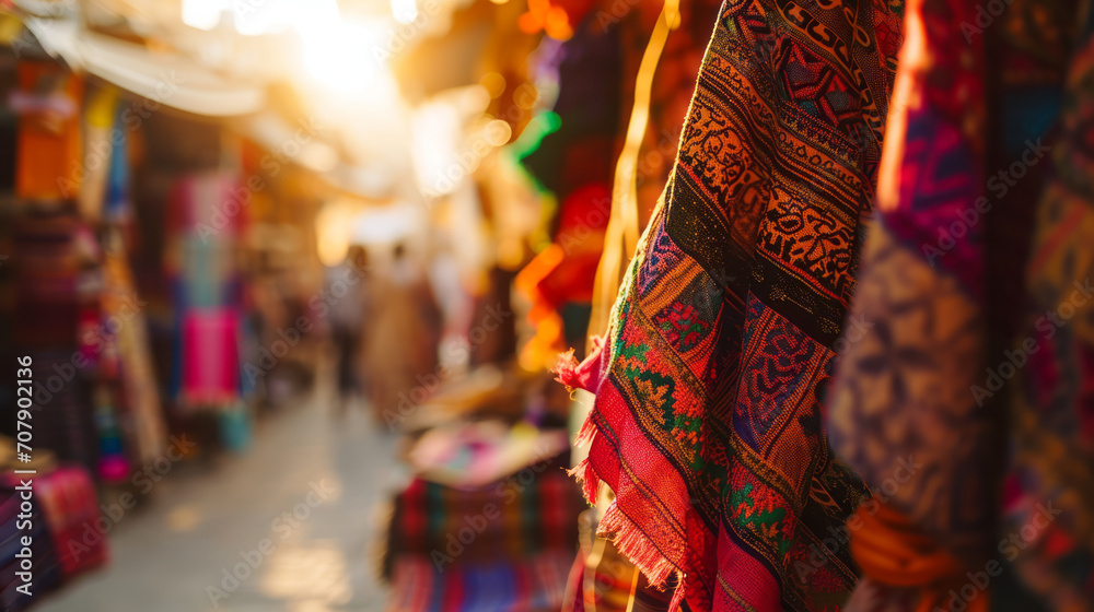 female tourist bohemian spirit of a female traveler's street lifestyle, using lens flare to enhance the vibrancy of colorful textiles and ethnic patterns