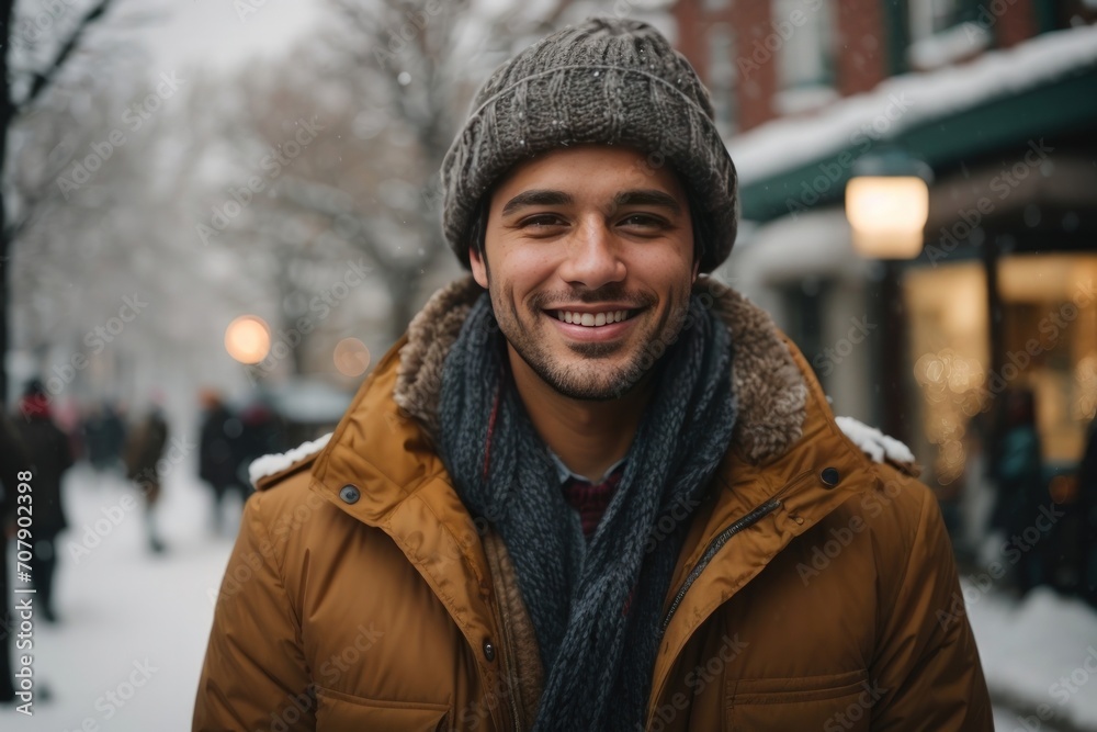 Portrait of a smiling man in winter. AI generated. Portrait of a smiling man in winter. AI generated.