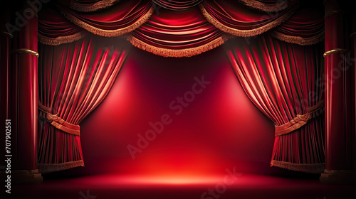 Empty theater stage with red curtains as mockup background. Postproducted generative AI illustration.