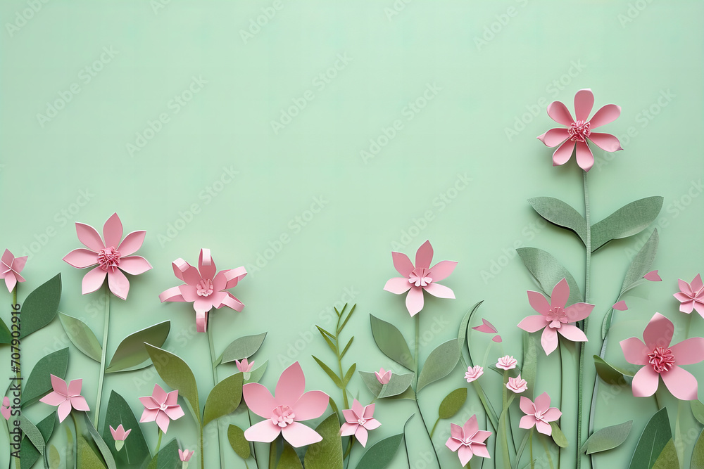 
Paper art minimalist border frame . Pink flowers on pastel green background