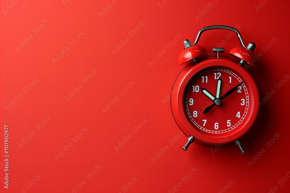 Red alarm clock on a red background. copy space. top view. flat lay Red alarm clock on a red background. copy space. top view. flat lay