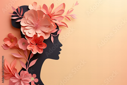  Paper art profile of a black woman with flowers. Warm spring colors. Isolated on smooth pastel paper background with copy space. 8 march concept, mothers day © ALL YOU NEED studio