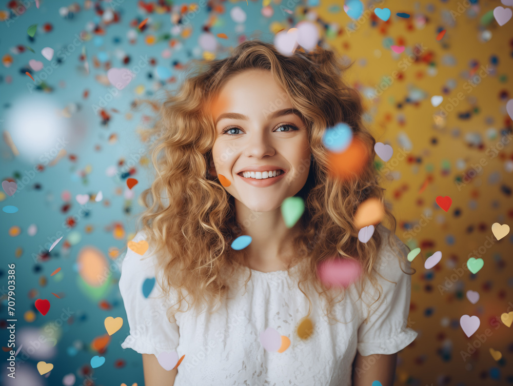 Beautiful smiling Caucasian girl with wavy brown hair looking up dreamily against a background of flying hearts and confetti. The concept of happiness, joy and falling in love. Valentine's Day. Beautiful smiling Caucasian girl with wavy brown hair looking up dreamily against a background of flying hearts and confetti. The concept of happiness, joy and falling in love. Valentine's Day.