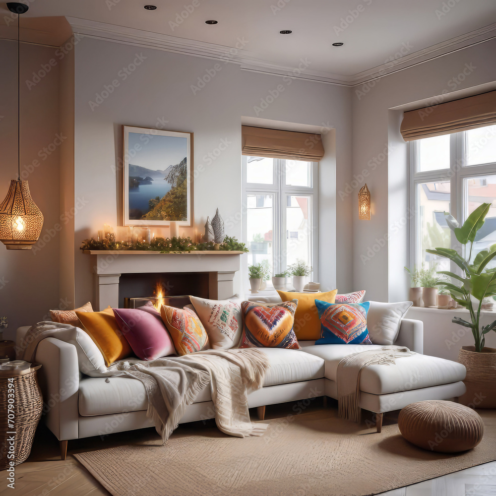 A pastel-colored sofa with a soft blanket near the fireplace. Scandinavian interior design of modern small living room in hygge style, cozy place to relax, A pastel-colored sofa with a soft blanket near the fireplace. Scandinavian interior design of modern small living room in hygge style, cozy place to relax,