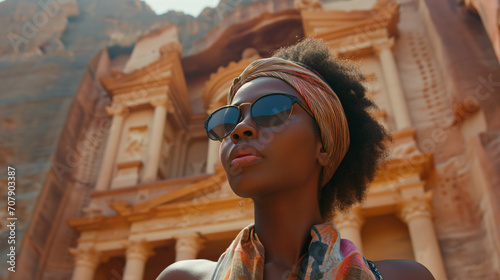 Beautiful black woman traveller in Petra, Jordan