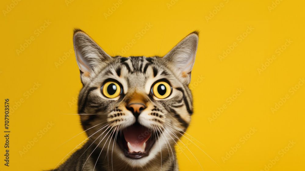 Crazy screaming cat on a yellow background, Cat with open mouth, space for text