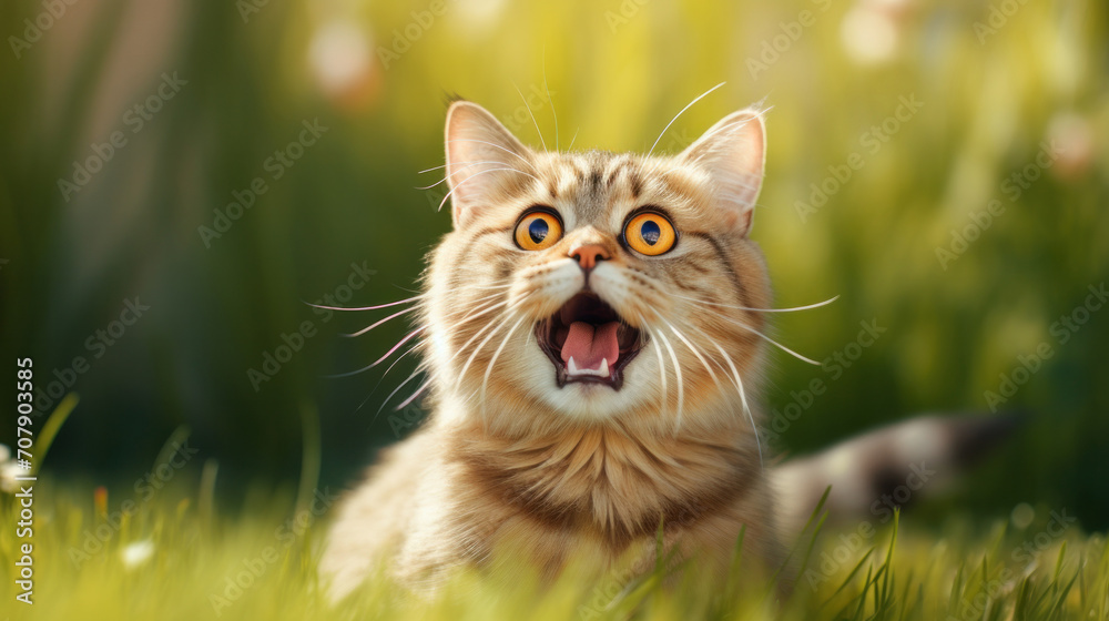 Mad screaming cat on nature in the grass, Cat with open mouth, space for text