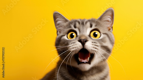 Crazy screaming cat on a yellow background, Cat with open mouth, space for text © Irina Beloglazova