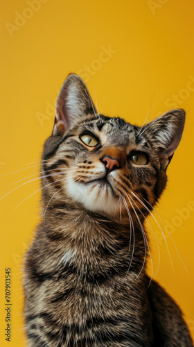 Mad screaming cat on a yellow background, Cat with closed mouth, space for text
