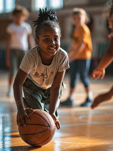 Young pupil leading a basketball in a physical education session at the school gym, with her trainer and peers in the backdrop.
