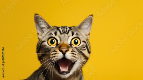 Crazy screaming cat on a yellow background, Cat with open mouth, space for text