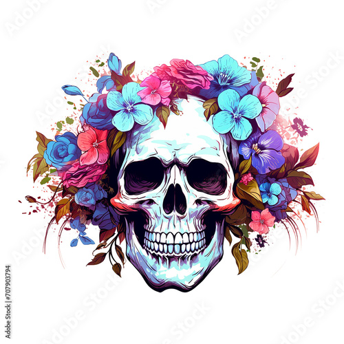 Halloween clipart watercolor, Skull with flowers illustration