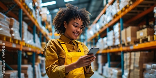 A content female entrepreneur managing an e-commerce store checks a text message on her mobile phone while organizing product shipments in her warehouse. photo