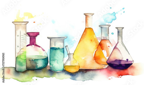 Set of chemical lab equipment and glassware in colorful watercolor style