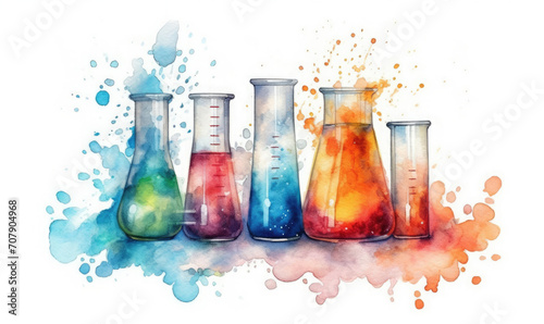 Graduated cylinders with colorful solutions. Chemistry glassware watercolor illustration 