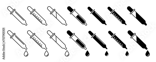 eye dropper vector icon set. Black and white pipette tool vector symbol. medical serum picker sign. science ink pick pipet instrument icon collection.