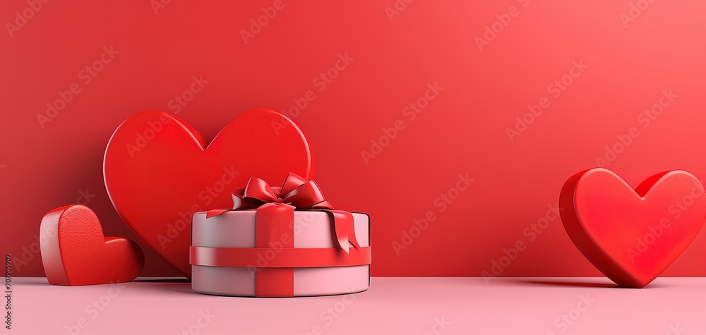 Red Minimal podium background with Red gift boxs, ribbon and love heart background.