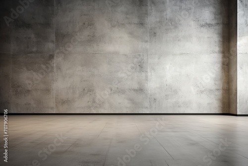 Gray concrete empty wall for your text or product product presentation with copy space, room mockup, brown parquet floor © Sunny