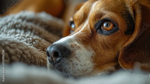 Close-up of a beagle with a soft gaze in a warm golden light.