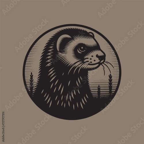 Beautiful ferret. Mustela furo.  Vintage retro engraving illustration. Black icon, logo, label.  isolated element. Round emblem	