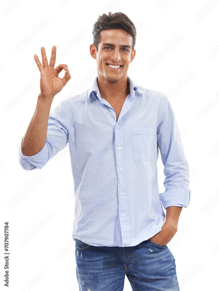 Success, okay sign and happy man in portrait for thank you, support or like on a white background. Young person or model in shirt and jeans with great, yes and excellence emoji or hand in studio Success, okay sign and happy man in portrait for thank you, support or like on a white background. Young person or model in shirt and jeans with great, yes and excellence emoji or hand in studio