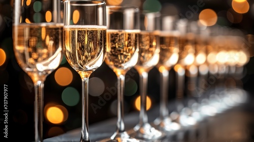 Elegantly aligned champagne flutes sparkling before a celebration.